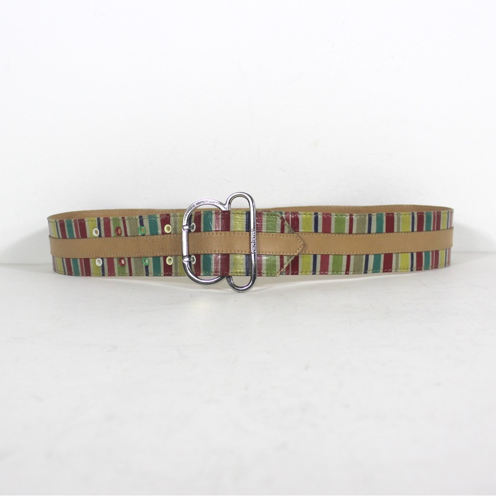 Vintage CACHAREL Made in France Leather Belt Striped Tan Leather Strip Silver